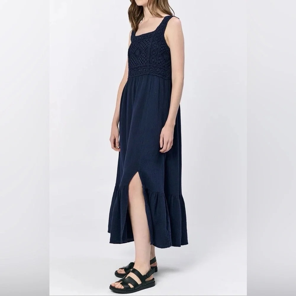 NWT Dear John Navy‎ Blue Crochet Cotton Gauze Maxi Dress | Size Large